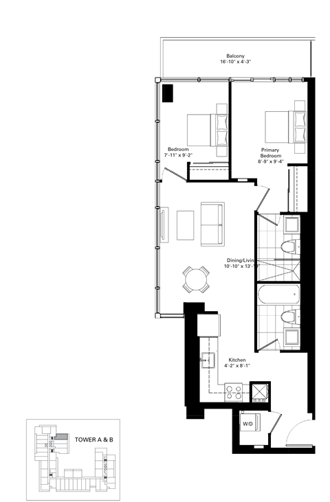 Floor plan for 2 beds, 2 baths, 690 sqft